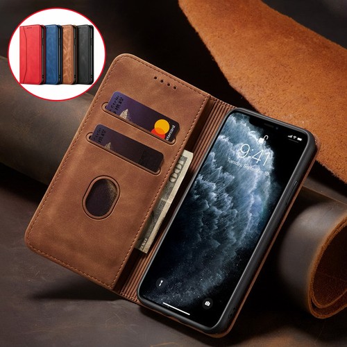 Leather magnetic flip wallet - leather,